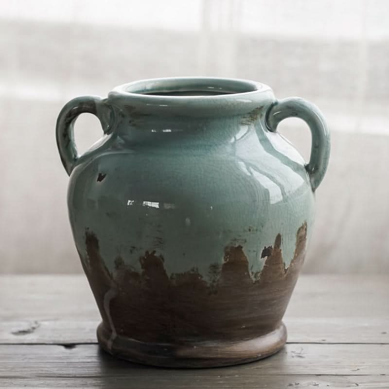 Retro distressed gray-blue binaural ceramic vase for living room or dining table decor.